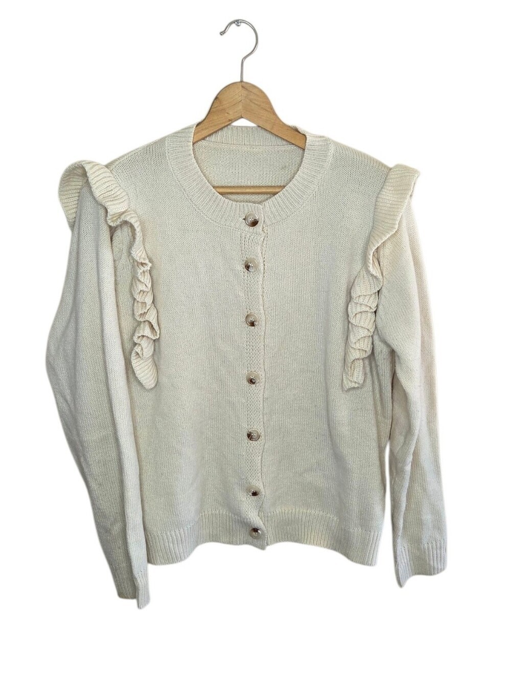 Shein Beige Ruffle Shoulder Button Front Cardigan Sweater Size Large Feminine